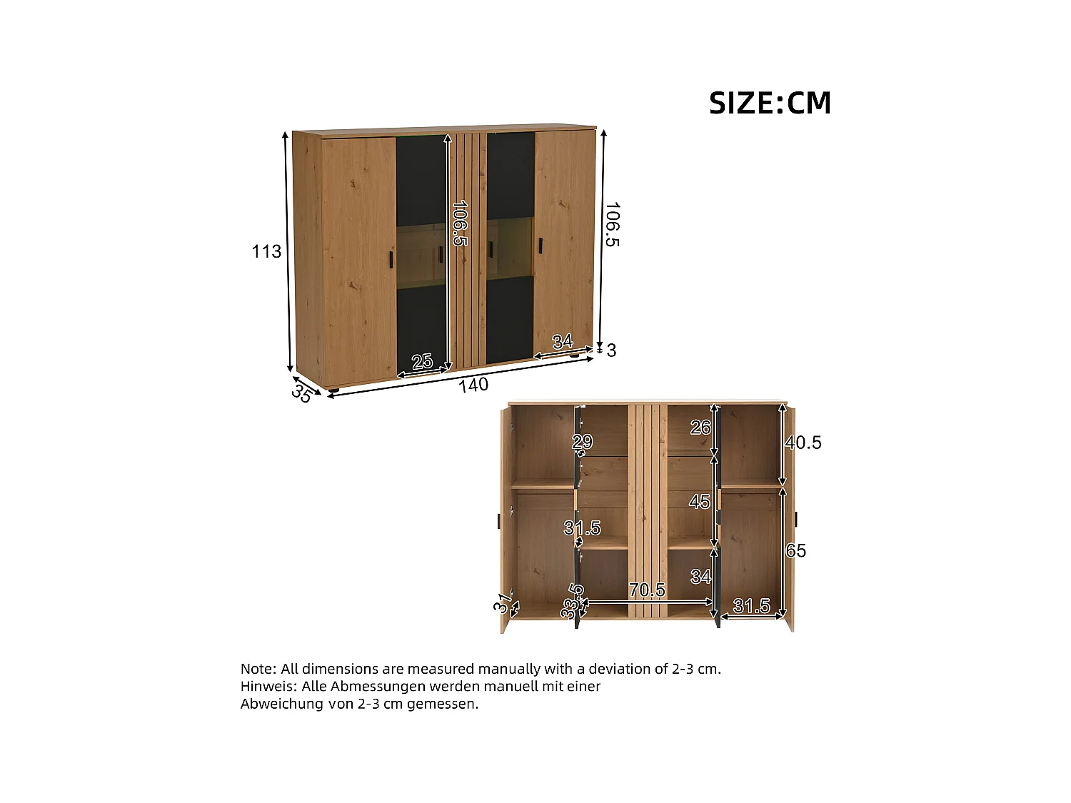 4-türiger Vitrinenschrank - Vitrine mit LED-Beleuchtung und verstellbaren Regalen - Schwarz und Holz