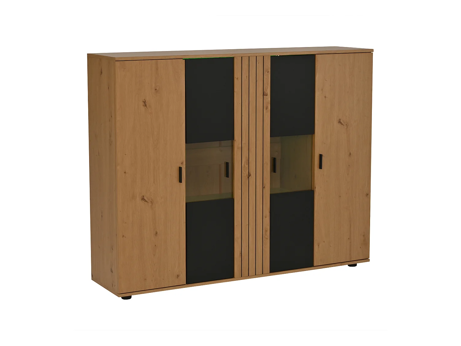 4-türiger Vitrinenschrank - Vitrine mit LED-Beleuchtung und verstellbaren Regalen - Schwarz und Holz