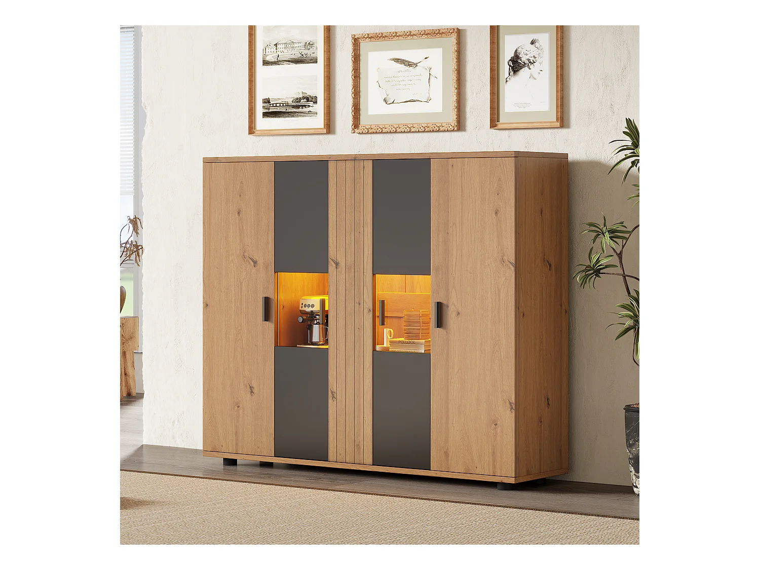 Vitrine 4 portes - Vitrine avec éclairage LED et étagères réglables - noir et bois