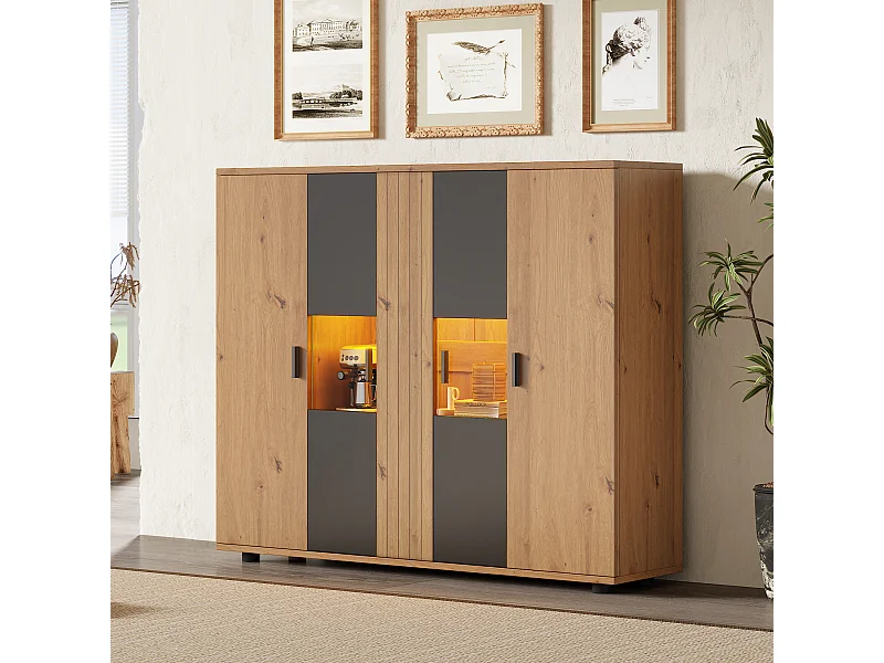 Vetrina a 4 ante - Vetrina con illuminazione a LED e ripiani regolabili - nera e legno