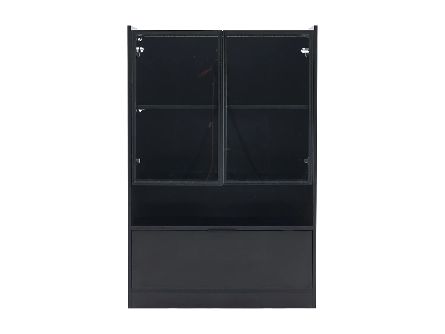 Schwarze Vitrine mit LED-Beleuchtung - Hohe Vitrine mit zwei Glastüren und einer Klappe - Offene Aufbewahrung