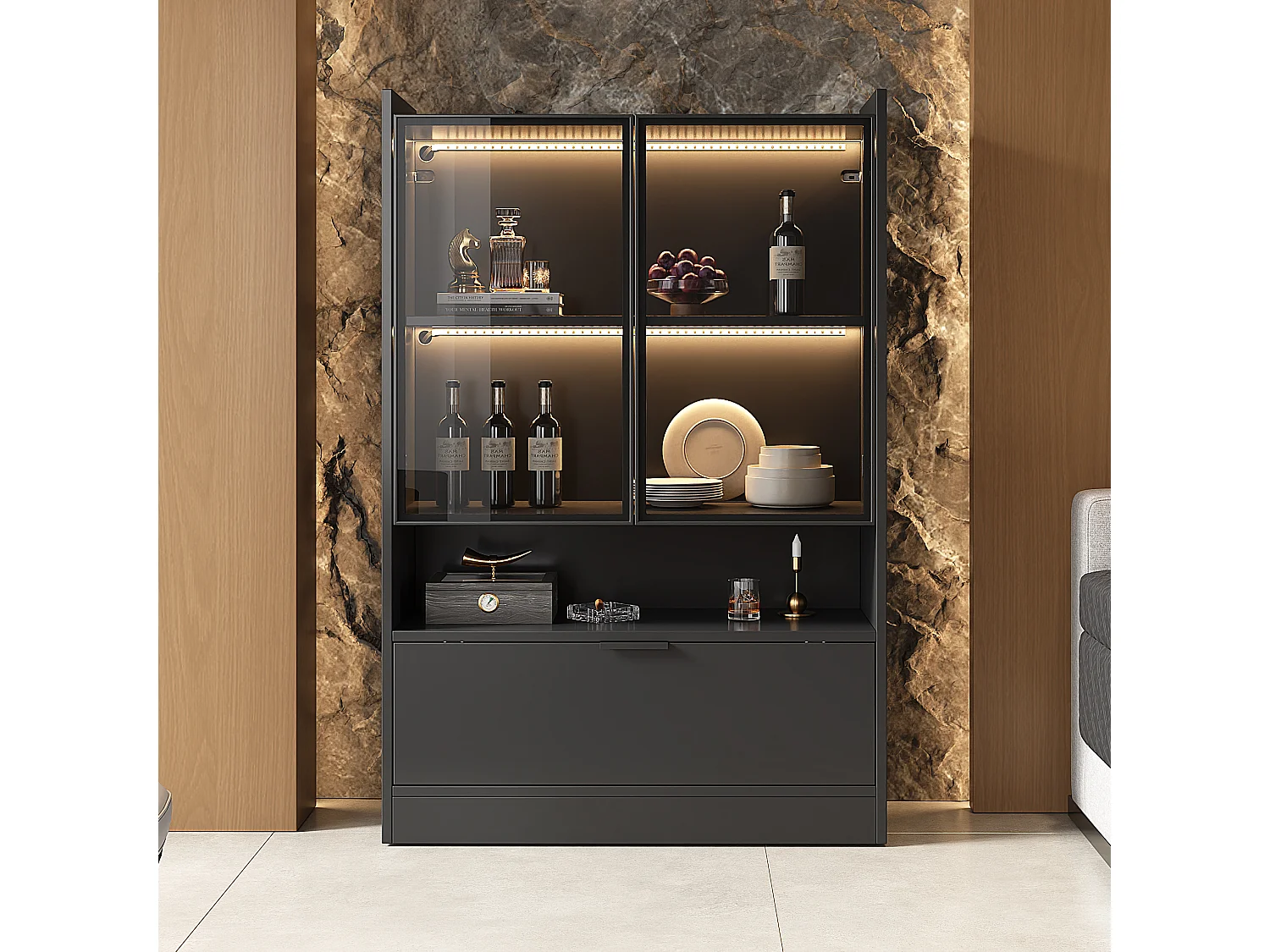 Vitrine noire avec éclairage LED - Vitrine haute avec deux portes vitrées et un abattant - rangement ouvert