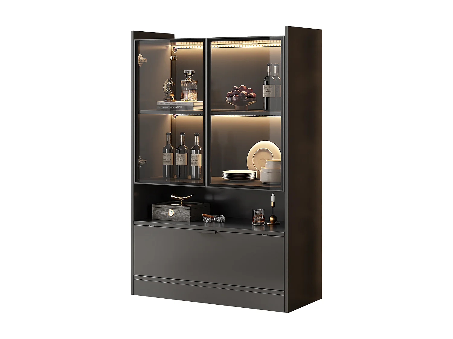 Vitrine noire avec éclairage LED - Vitrine haute avec deux portes vitrées et un abattant - rangement ouvert
