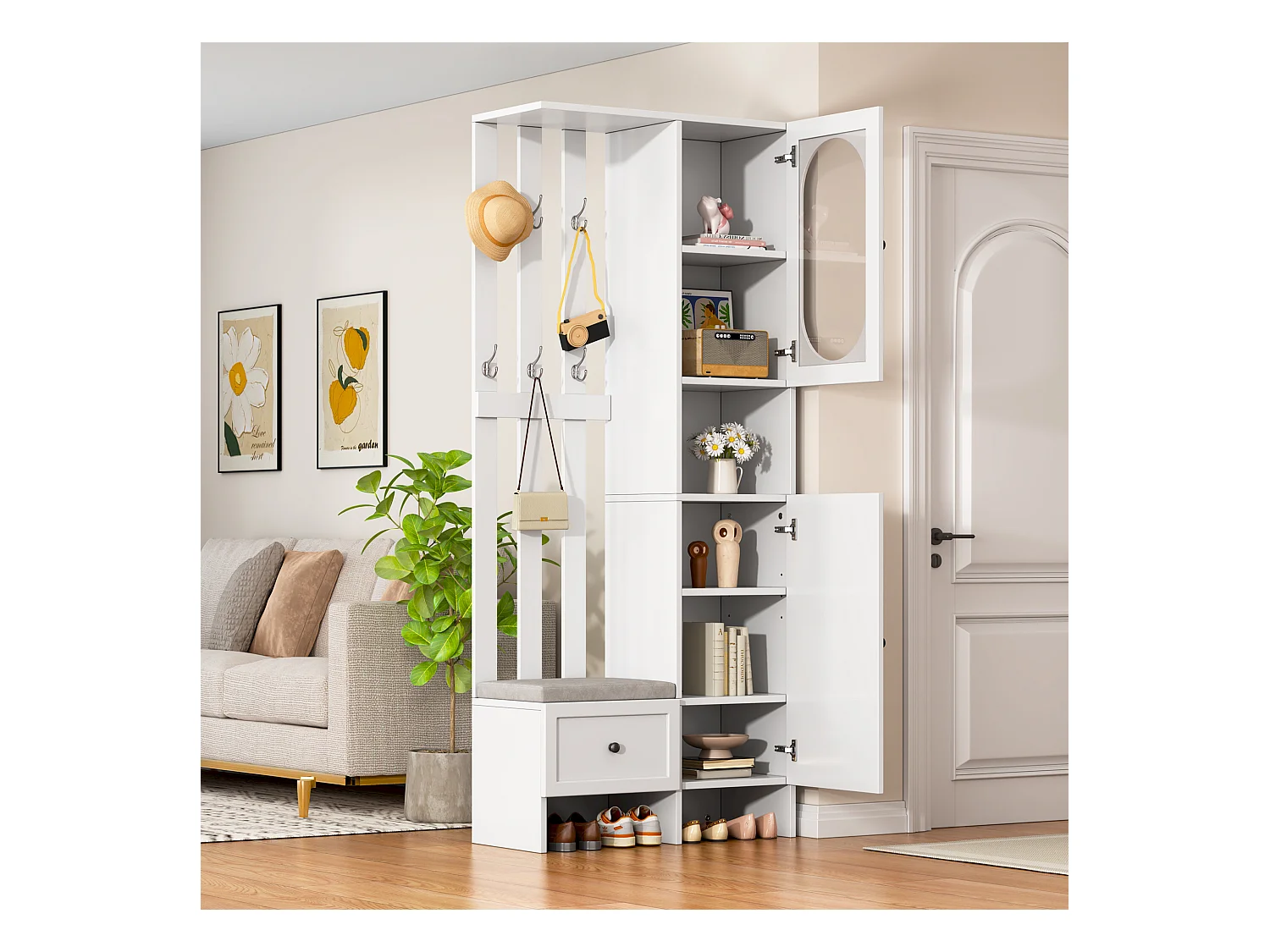 Porte-manteau avec banc à chaussures - Vestiaire à 2 portes et 6 patères - 1 tiroir et rangement ouvert - blanc