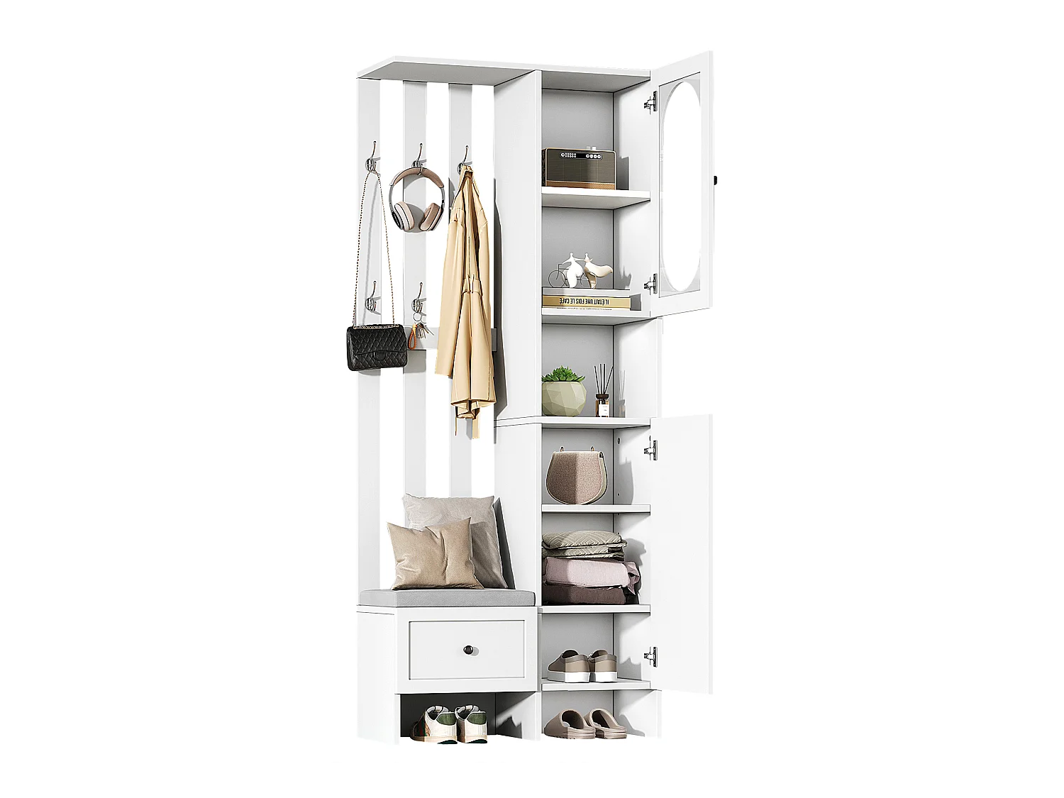 Porte-manteau avec banc à chaussures - Vestiaire à 2 portes et 6 patères - 1 tiroir et rangement ouvert - blanc