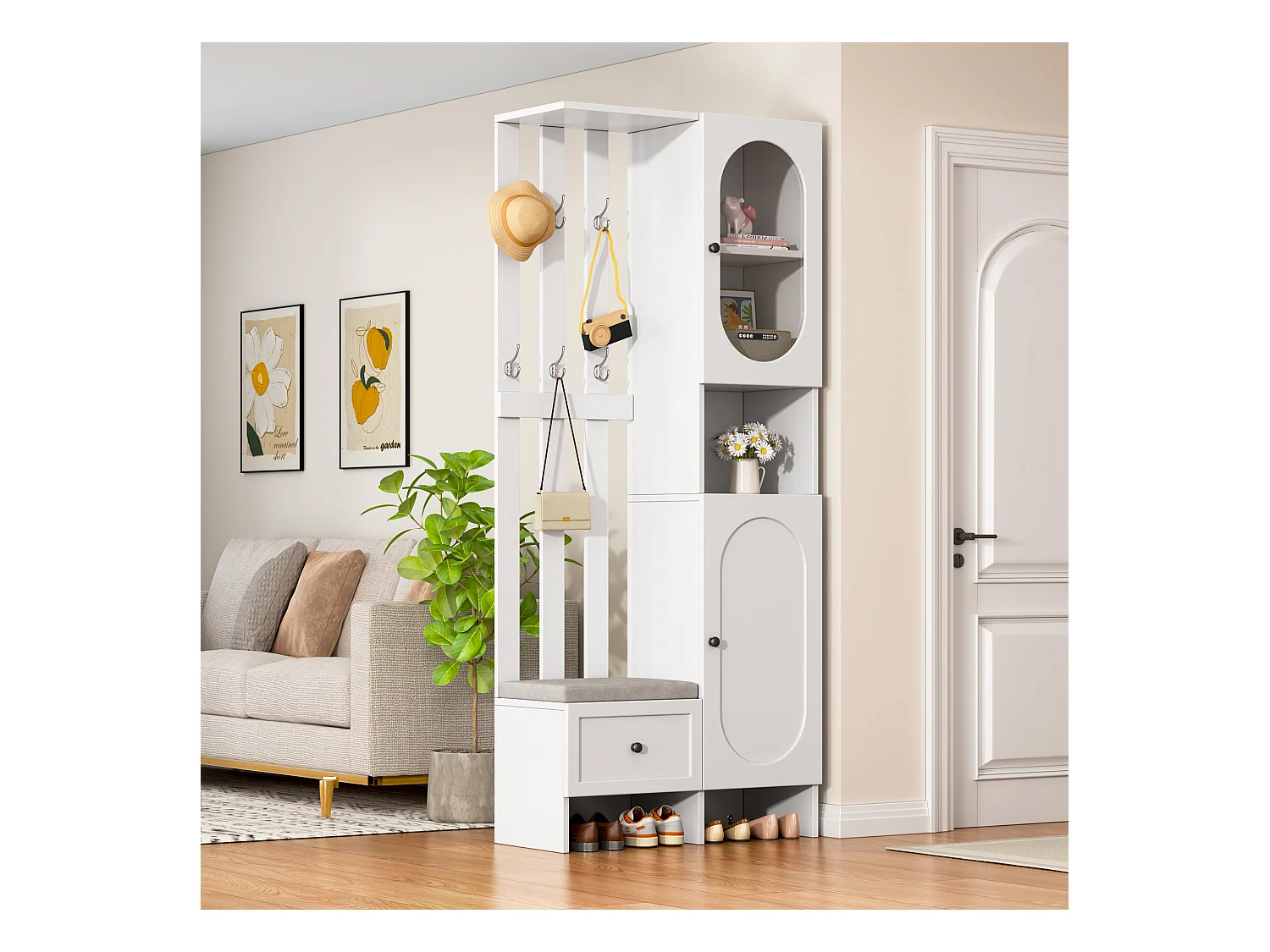 Porte-manteau avec banc à chaussures - Vestiaire à 2 portes et 6 patères - 1 tiroir et rangement ouvert - blanc