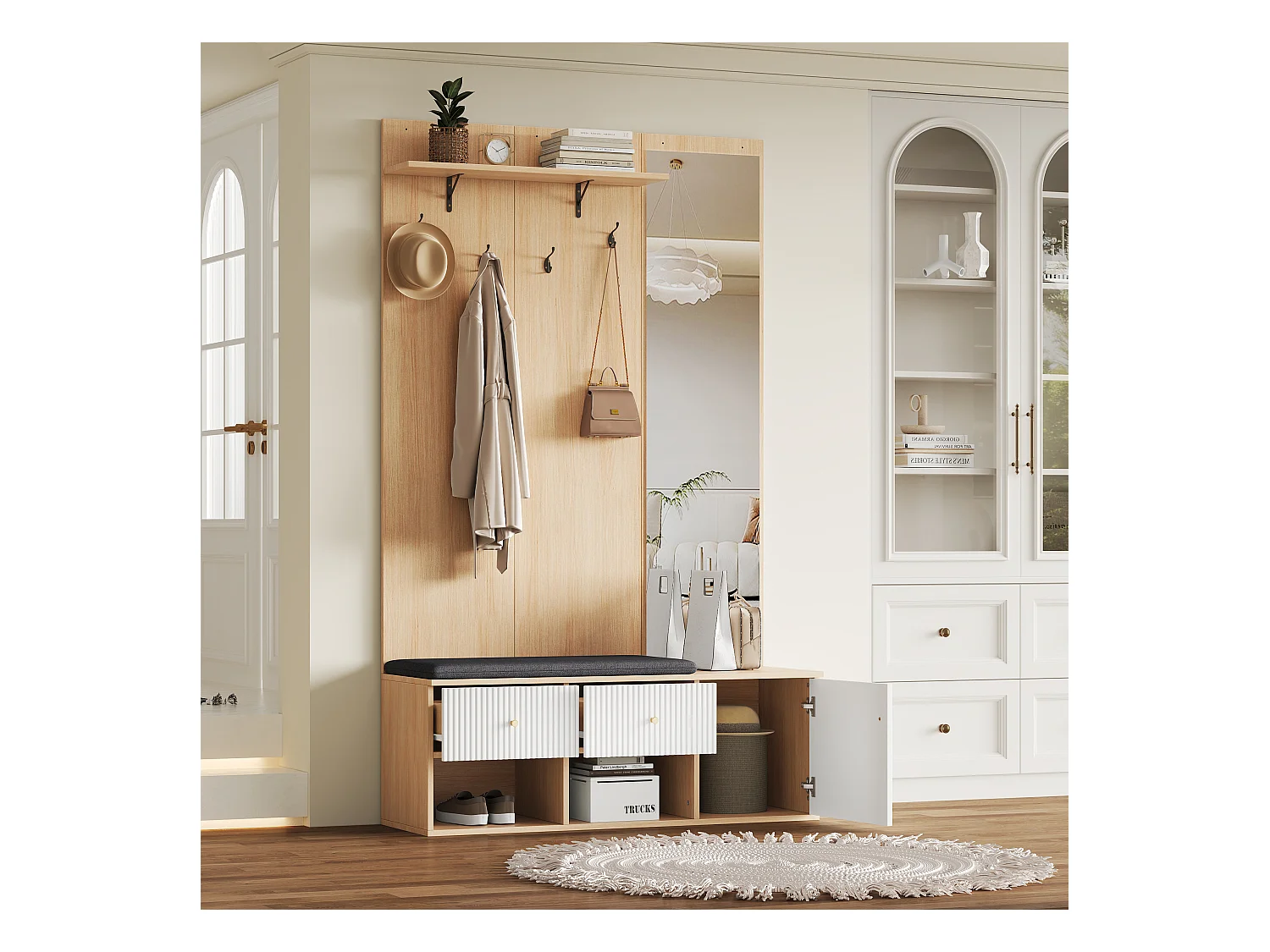 Porte-manteau en bois avec miroir - Vestiaire avec banc à chaussures et patères - 2 tiroirs et 1 porte - rangement ouvert