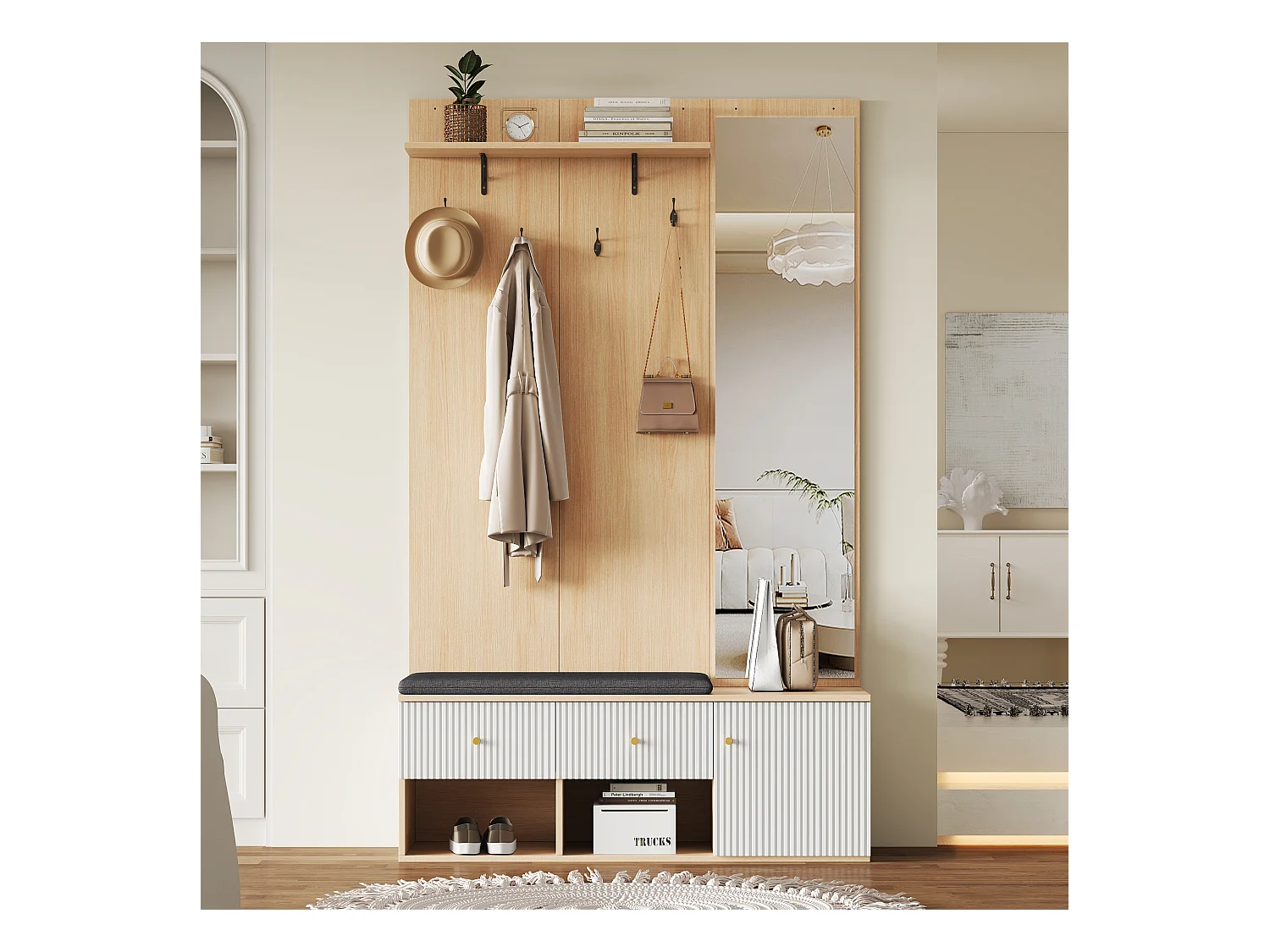 Porte-manteau en bois avec miroir - Vestiaire avec banc à chaussures et patères - 2 tiroirs et 1 porte - rangement ouvert