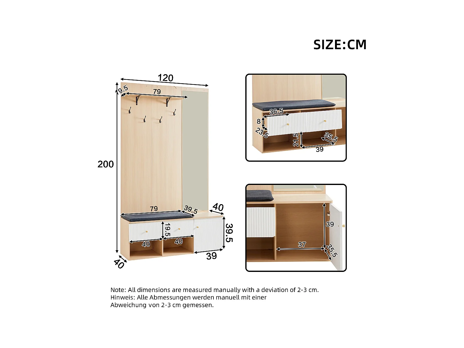 Porte-manteau en bois avec miroir - Vestiaire avec banc à chaussures et patères - 2 tiroirs et 1 porte - rangement ouvert
