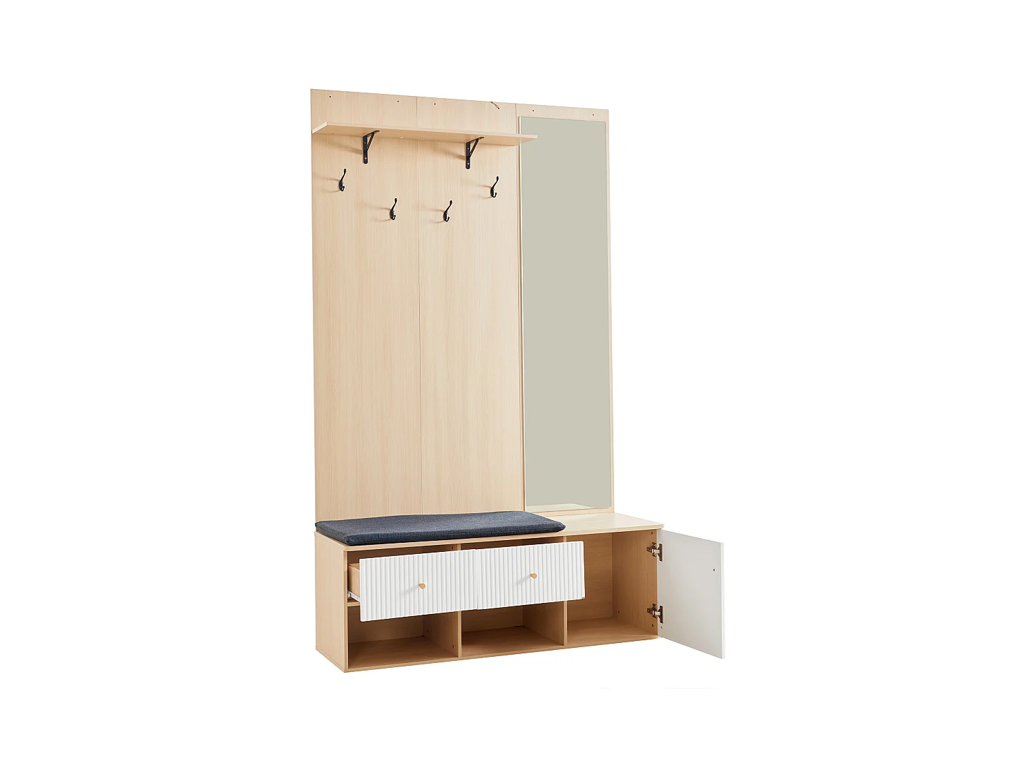 Porte-manteau en bois avec miroir - Vestiaire avec banc à chaussures et patères - 2 tiroirs et 1 porte - rangement ouvert