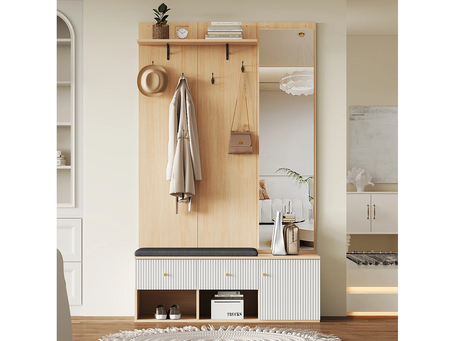 Garderobe aus Holz mit Spiegel – Garderobe mit Schuhbank und Haken – 2 Schubladen und 1 Tür – offene Aufbewahrung