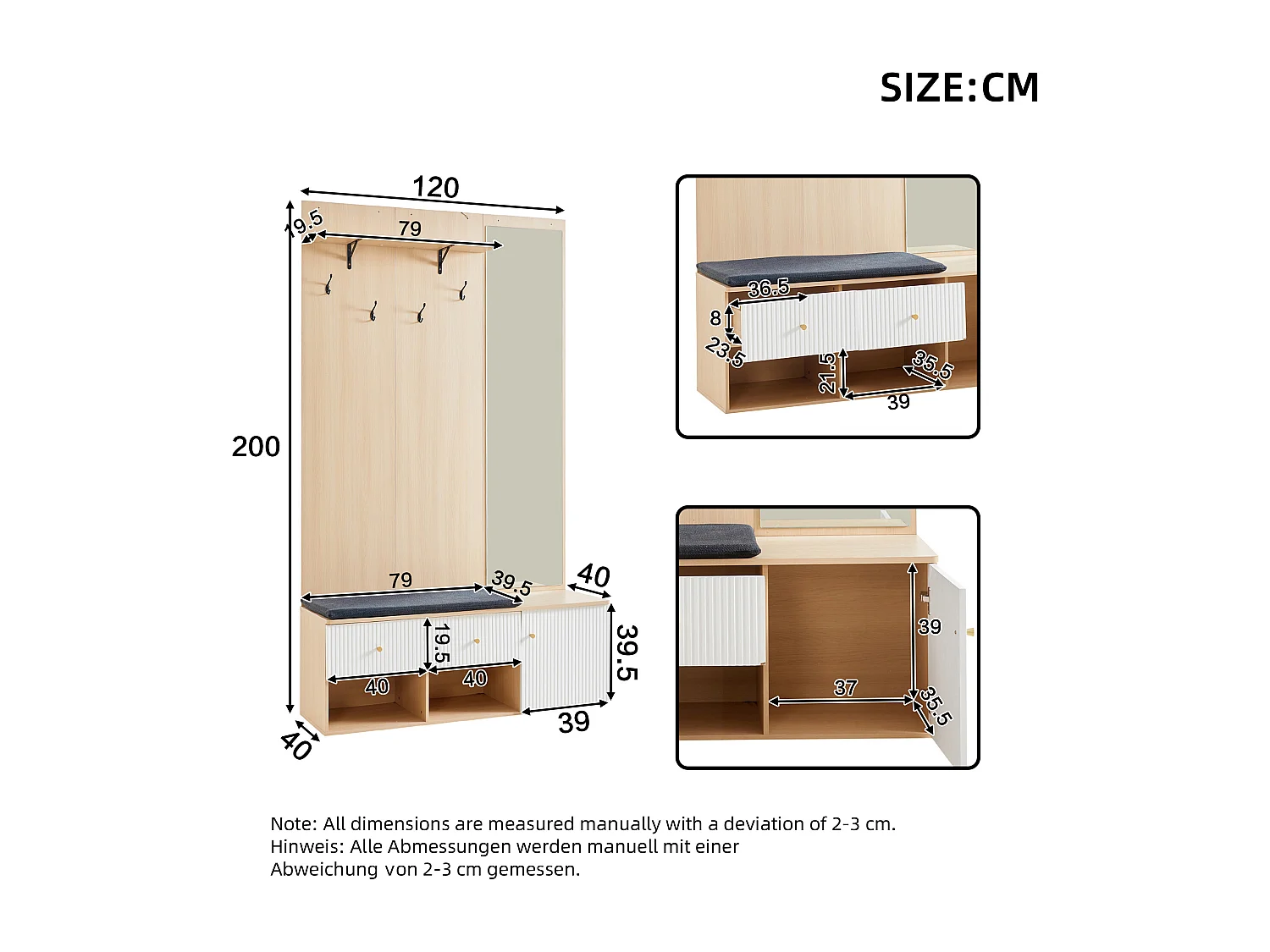 Garderobe aus Holz mit Spiegel – Garderobe mit Schuhbank und Haken – 2 Schubladen und 1 Tür – offene Aufbewahrung