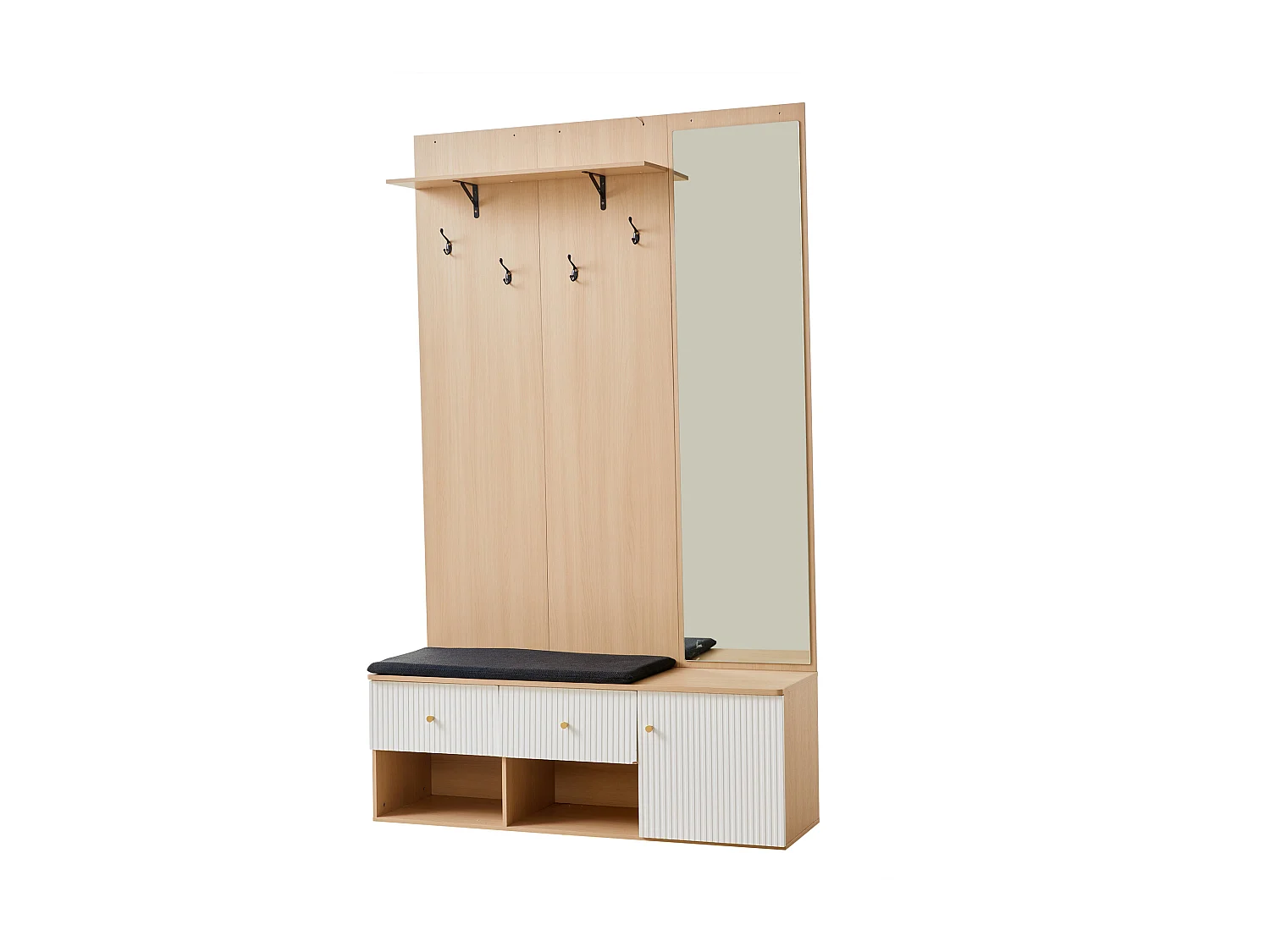 Garderobe aus Holz mit Spiegel – Garderobe mit Schuhbank und Haken – 2 Schubladen und 1 Tür – offene Aufbewahrung