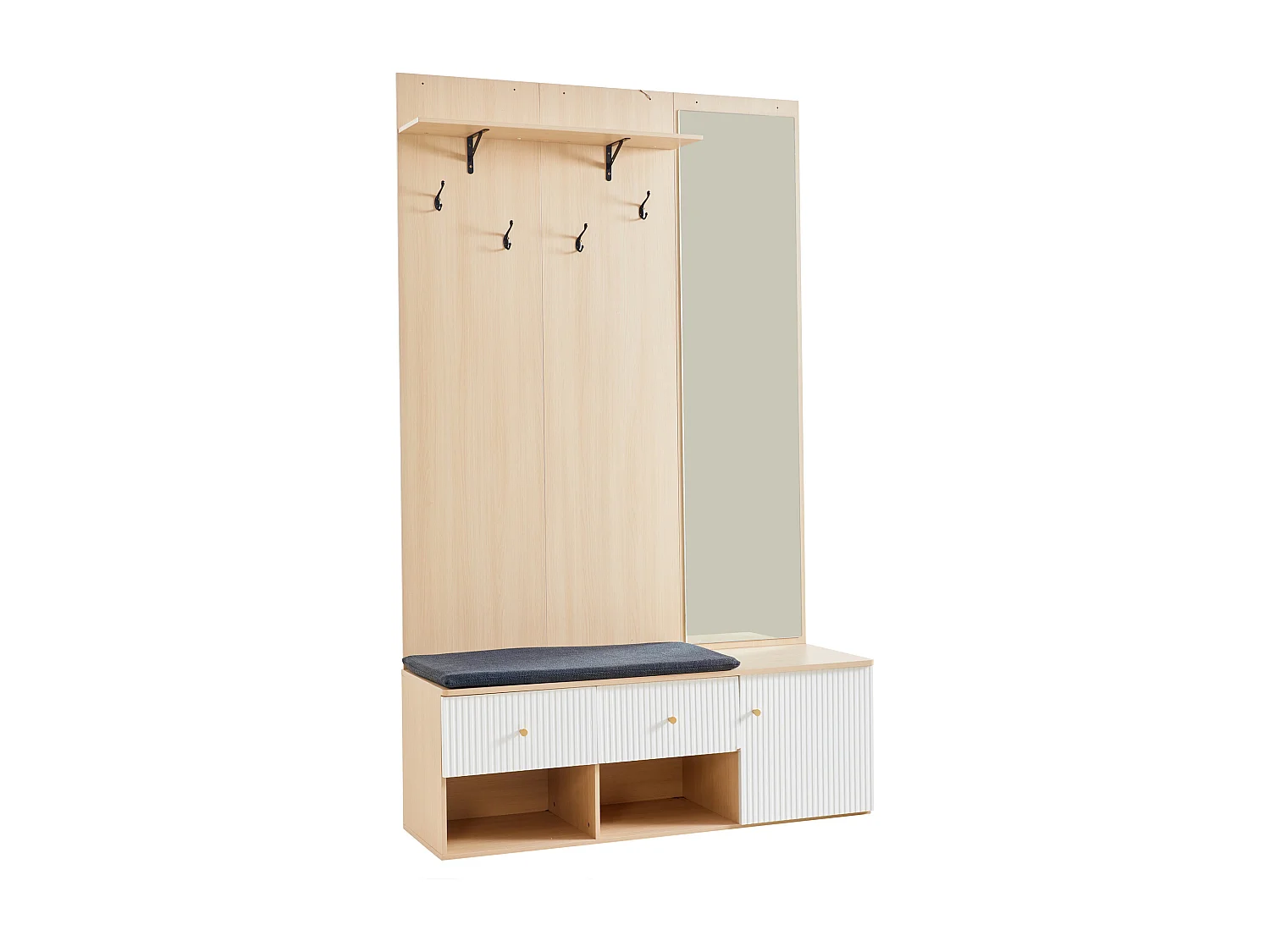 Garderobe aus Holz mit Spiegel – Garderobe mit Schuhbank und Haken – 2 Schubladen und 1 Tür – offene Aufbewahrung
