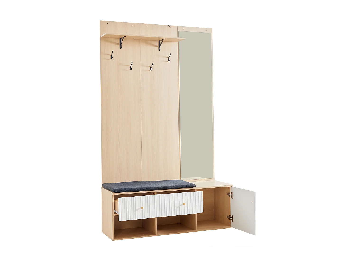 Garderobe aus Holz mit Spiegel – Garderobe mit Schuhbank und Haken – 2 Schubladen und 1 Tür – offene Aufbewahrung