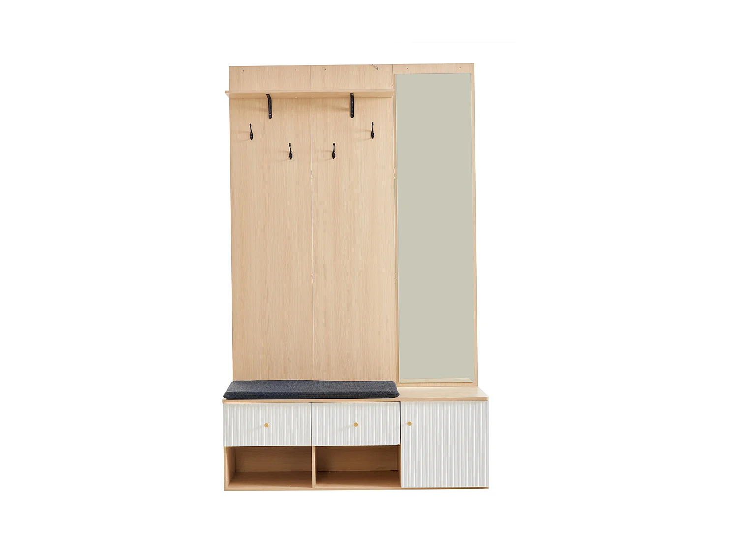 Garderobe aus Holz mit Spiegel – Garderobe mit Schuhbank und Haken – 2 Schubladen und 1 Tür – offene Aufbewahrung