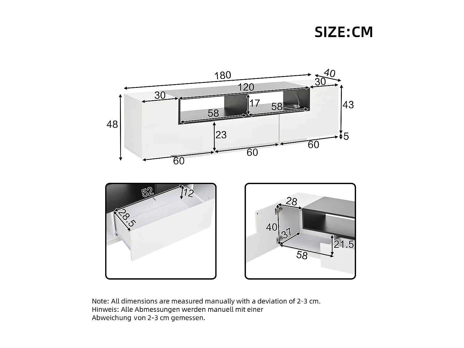 Meuble TV blanc avec 1 tiroir - Meuble TV avec éclairage LED et 2 portes - 2 espaces de rangement ouverts