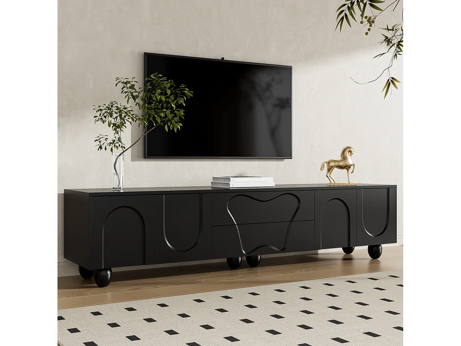 Meuble TV noir - Meuble TV avec 2 tiroirs et 2 portes - pieds ronds en bois massif