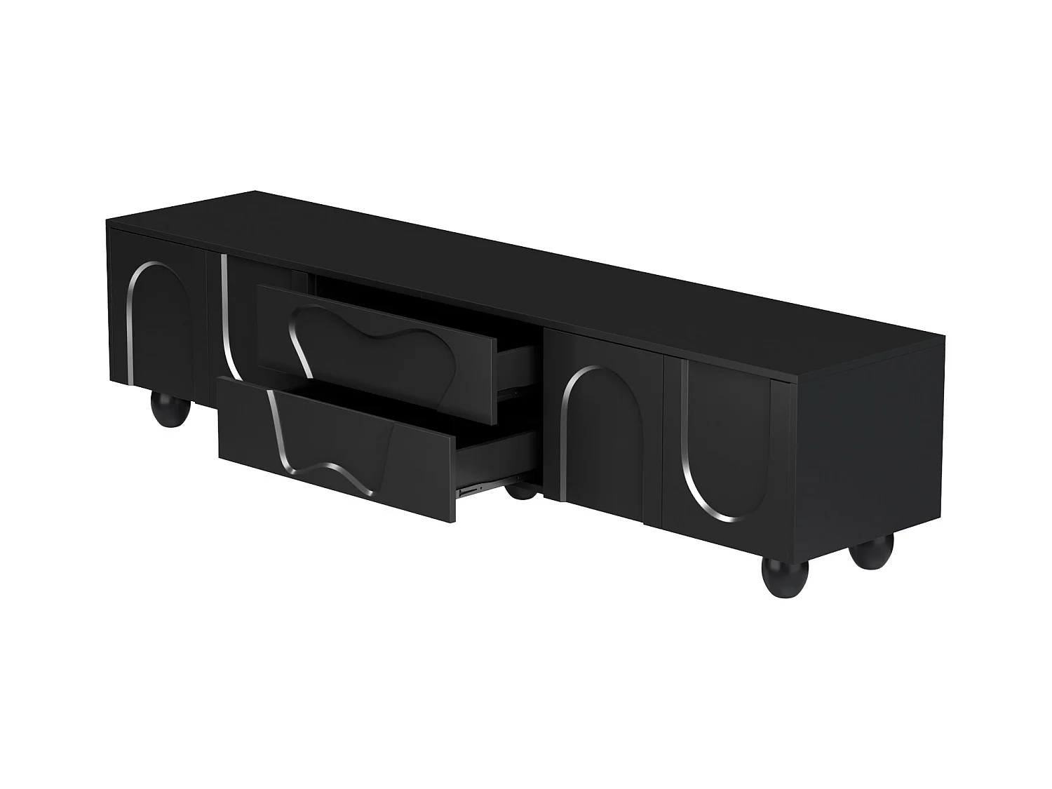 Czarny stolik pod TV - stolik pod TV z 2 szufladami i 2 drzwiami - Okrągłe nogi z litego drewna