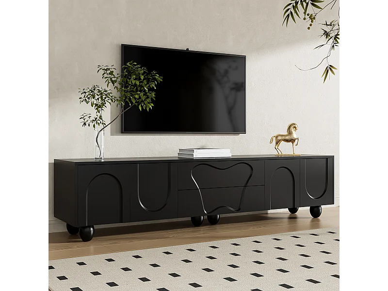 Schwarzer TV-Schrank - Fernsehschrank mit 2 Schubladen und 2 Türen - runde Beine aus Massivholz
