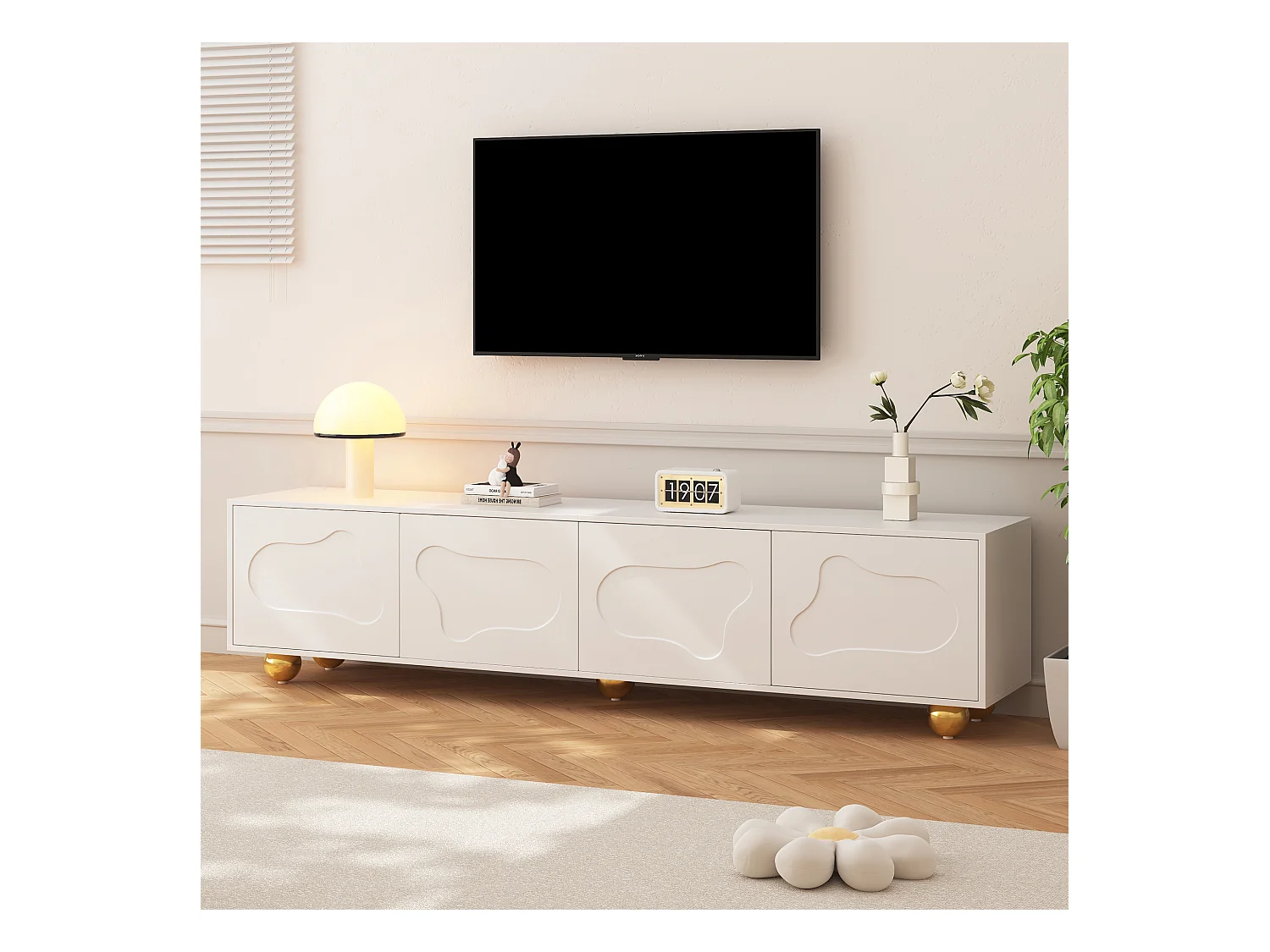 Meuble TV blanc - Meuble TV avec 4 portes et 5 pieds de support sphériques - portes en forme de nuage