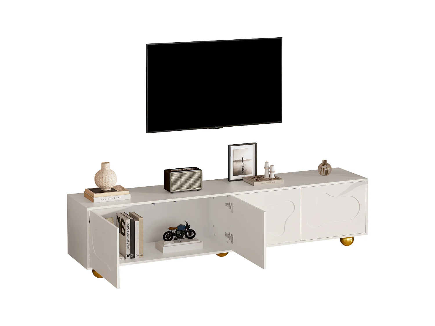 Meuble TV blanc - Meuble TV avec 4 portes et 5 pieds de support sphériques - portes en forme de nuage