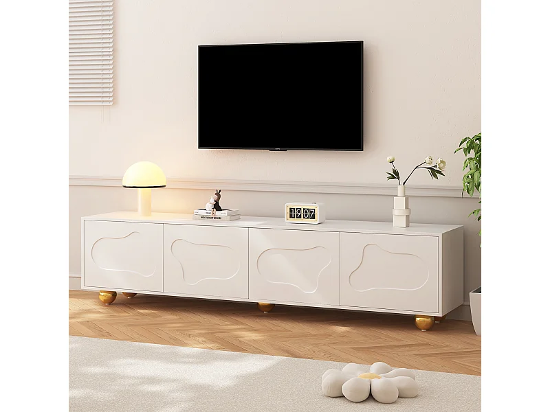 Meuble TV blanc - Meuble TV avec 4 portes et 5 pieds de support sphériques - portes en forme de nuage