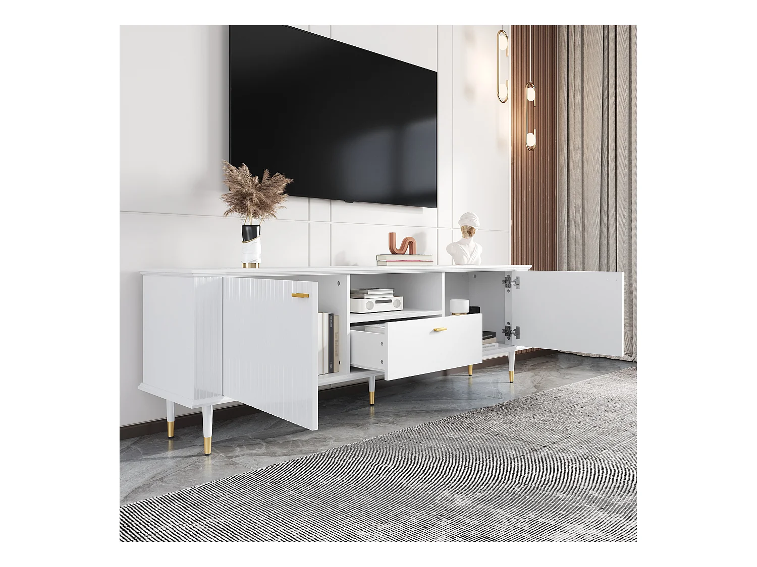 Meuble TV blanc - Meuble TV avec 2 portes et 1 tiroir - 1 espace de rangement ouvert