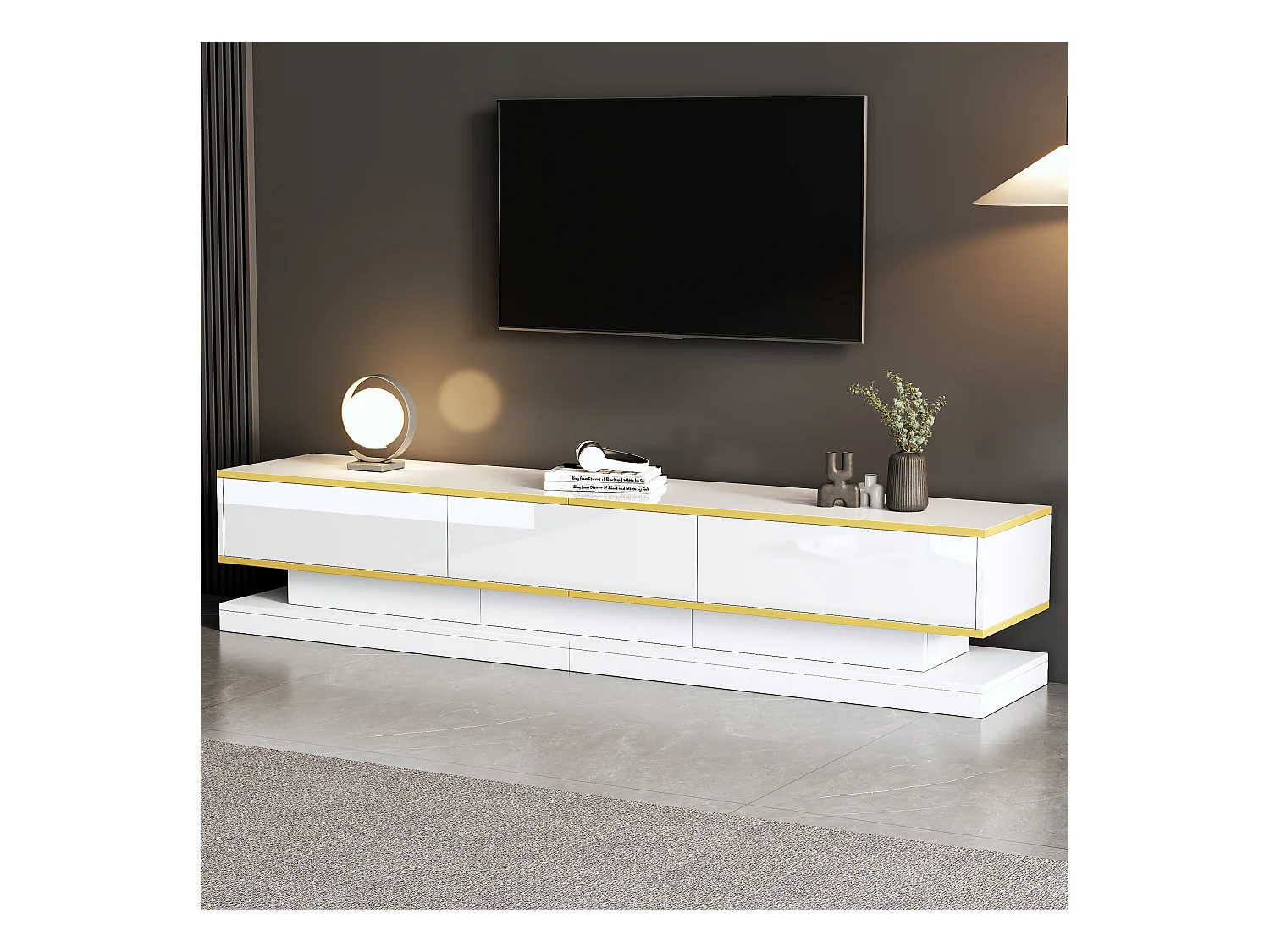 Meuble TV blanc - Meuble TV avec 3 tiroirs et finitions dorées - coulisse inférieure silencieuse et fluide