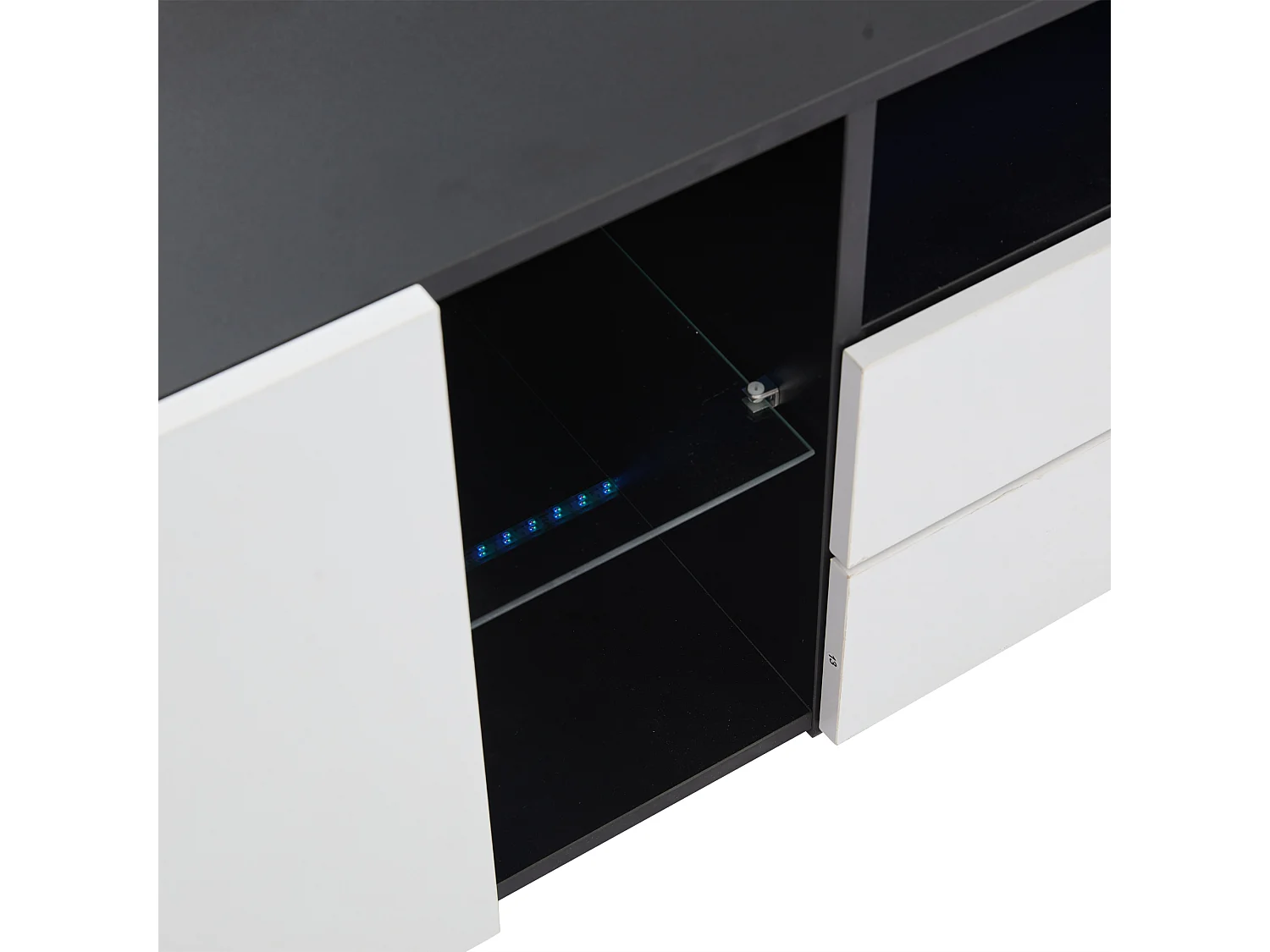 Mobile TV bianco e nero con illuminazione a LED - Mobile TV con 2 cassetti e 2 ante - 3 vani portaoggetti aperti