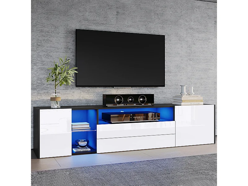 Mobile TV bianco e nero con illuminazione a LED - Mobile TV con 2 cassetti e 2 ante - 3 vani portaoggetti aperti