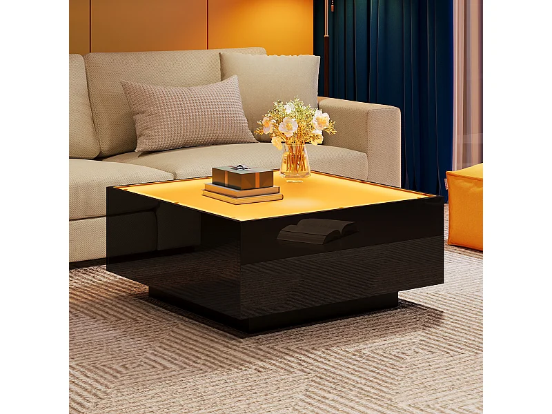 Moderner schwarzer Couchtisch - Couchtisch mit Glasplatte und LED-Beleuchtung