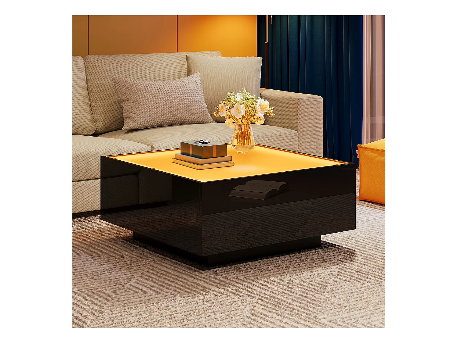 Table basse noir moderne - Table basse avec plateau en verre et éclairage LED