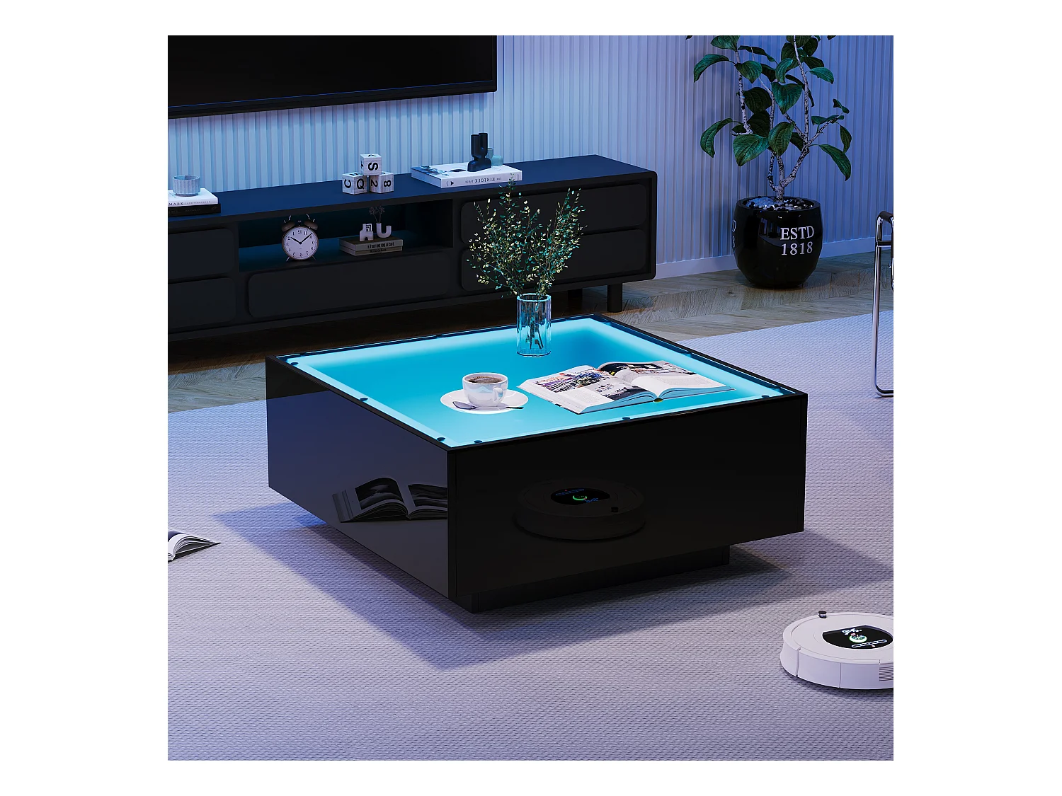 Table basse noir moderne - Table basse avec plateau en verre et éclairage LED