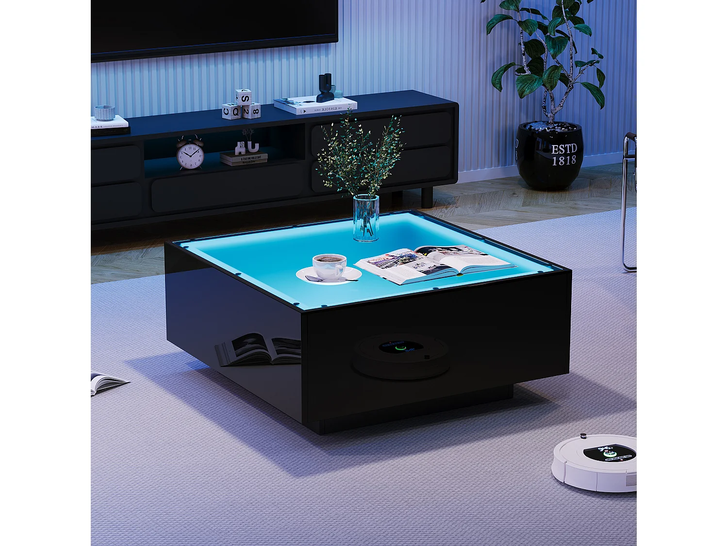 Table basse noir moderne - Table basse avec plateau en verre et éclairage LED
