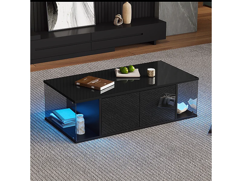 Table basse noire ultra-brillante - Table basse avec éclairage LED et 2 portes - design en verre trempé
