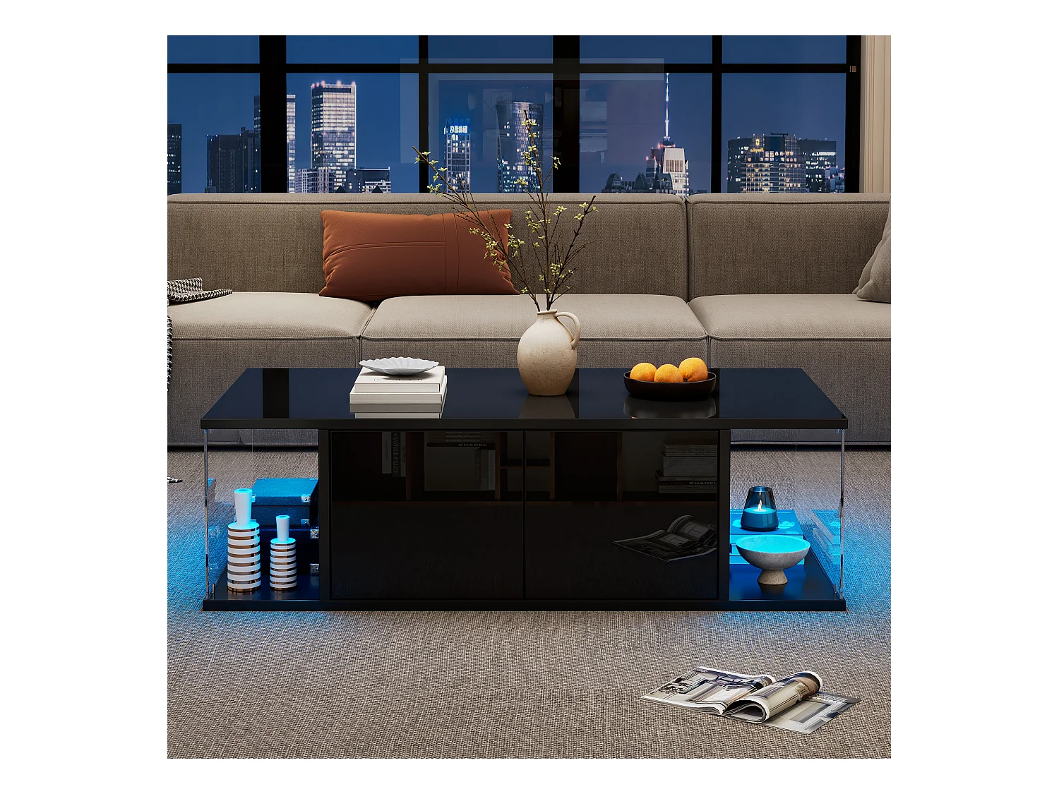 Hochglanz-Couchtisch in Schwarz – Couchtisch mit LED-Beleuchtung und 2 Türen – Design aus gehärtetem Glas