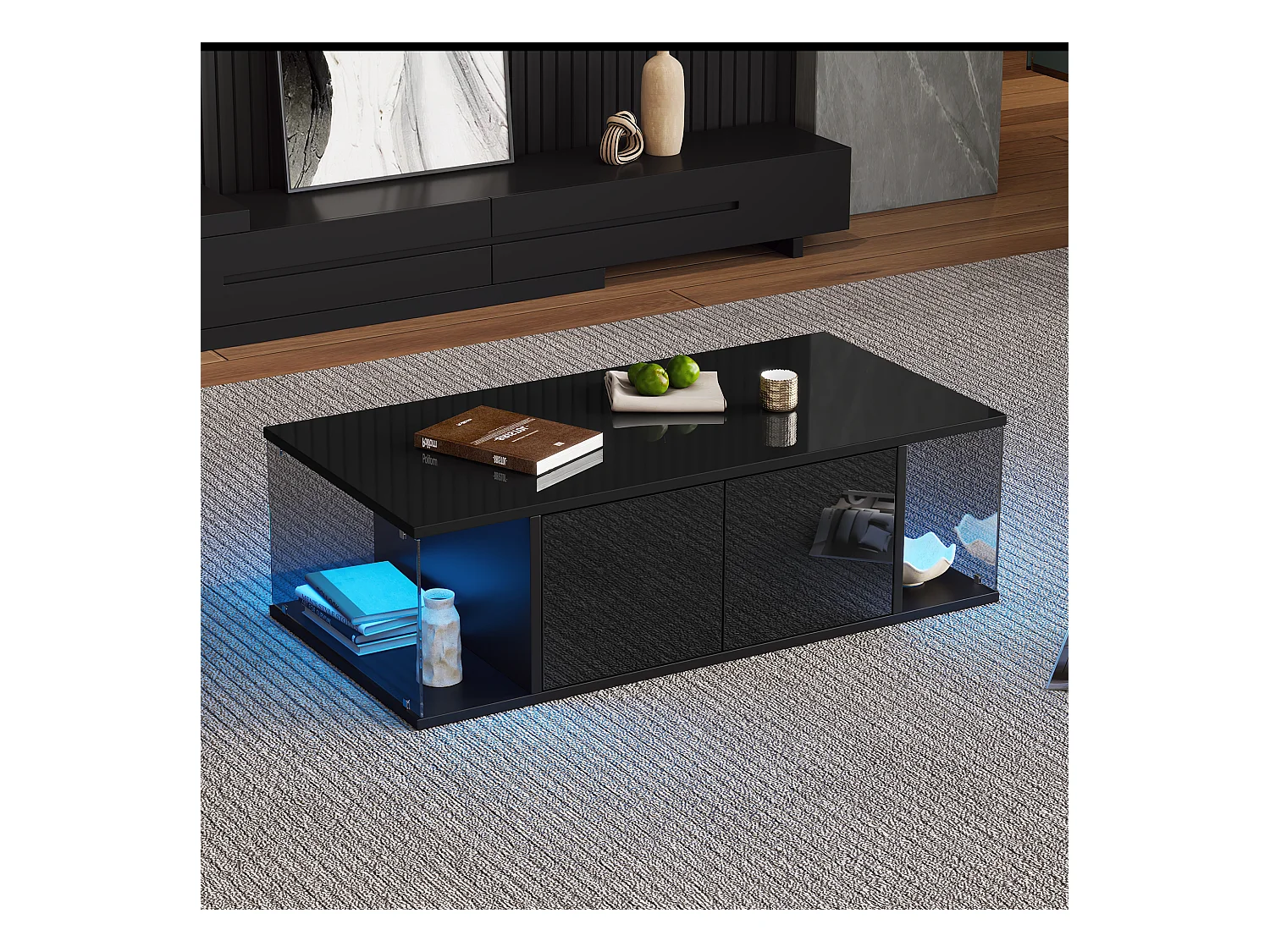 Table basse noire ultra-brillante - Table basse avec éclairage LED et 2 portes - design en verre trempé