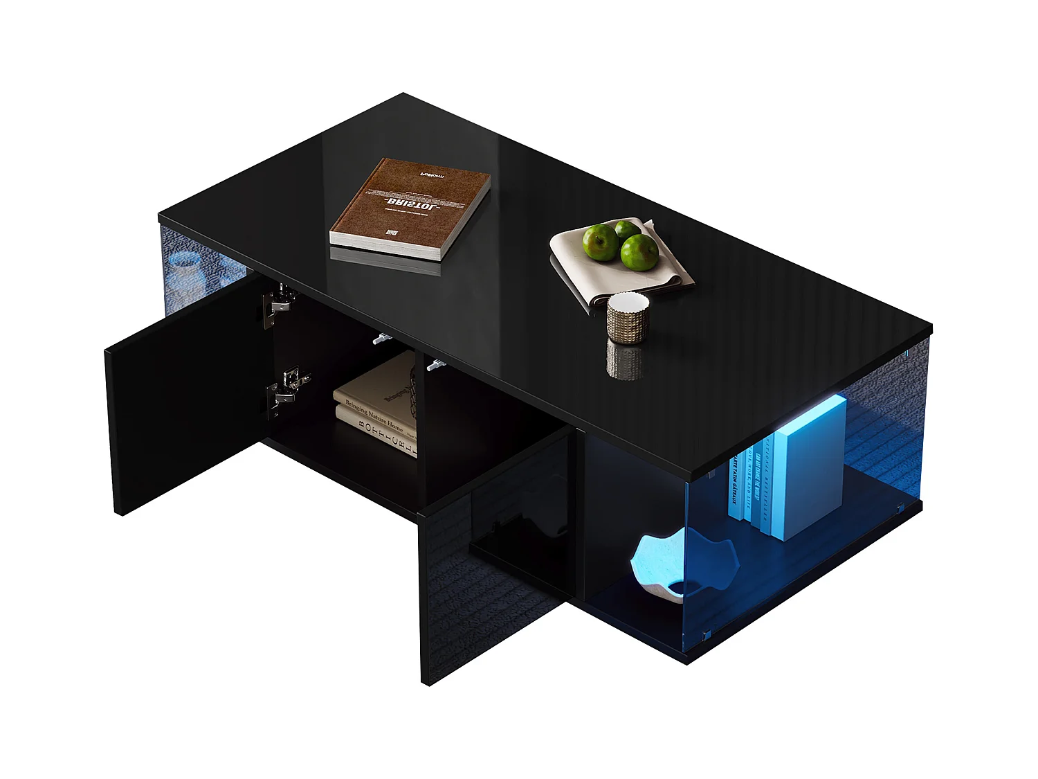 Hoogglans zwarte salontafel - Salontafel met LED-verlichting en 2 deuren - gehard glazen design