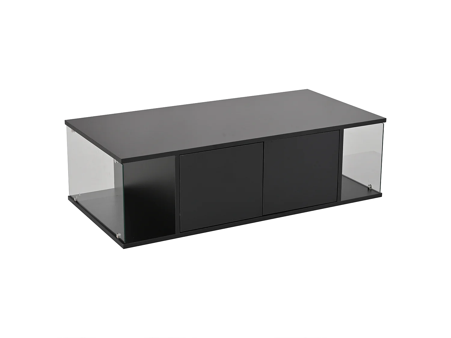 Table basse noire ultra-brillante - Table basse avec éclairage LED et 2 portes - design en verre trempé