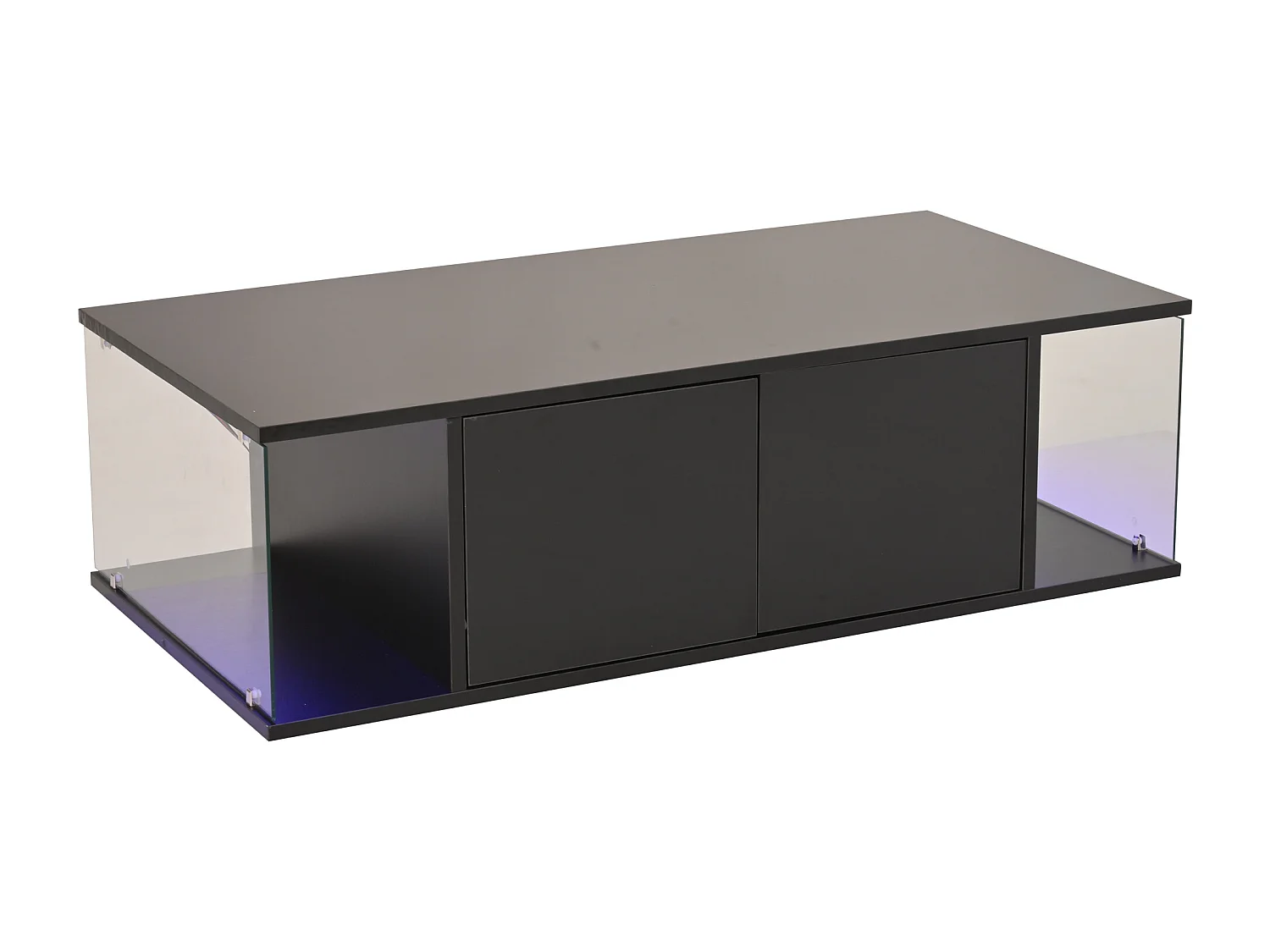 Table basse noire ultra-brillante - Table basse avec éclairage LED et 2 portes - design en verre trempé