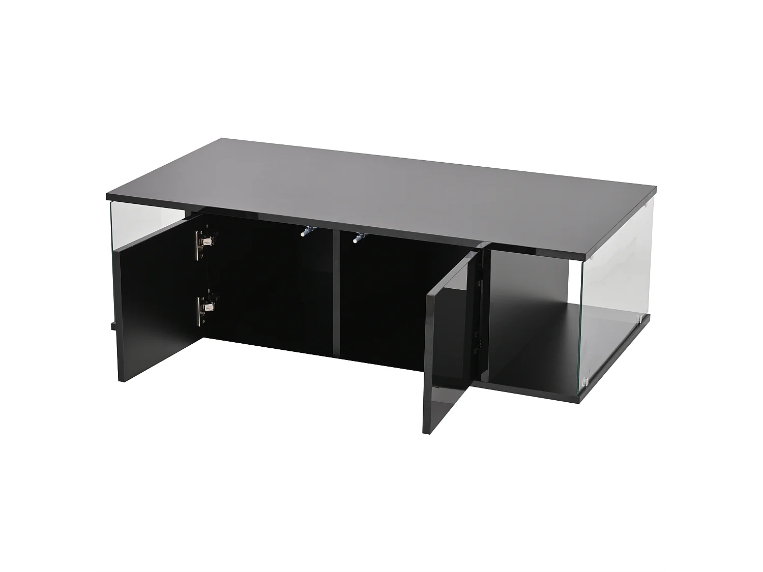 Table basse noire ultra-brillante - Table basse avec éclairage LED et 2 portes - design en verre trempé