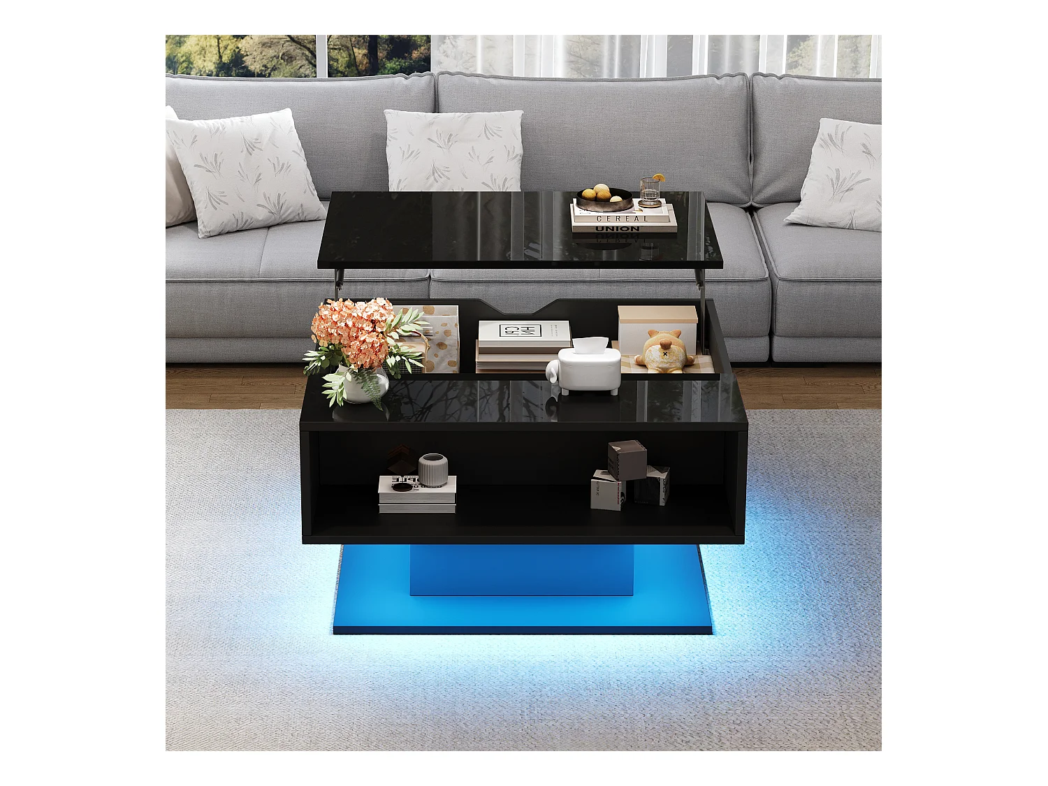 Table basse noir - Table basse avec plateau relevable et rangement semi-ouvert - rangement dissimulé