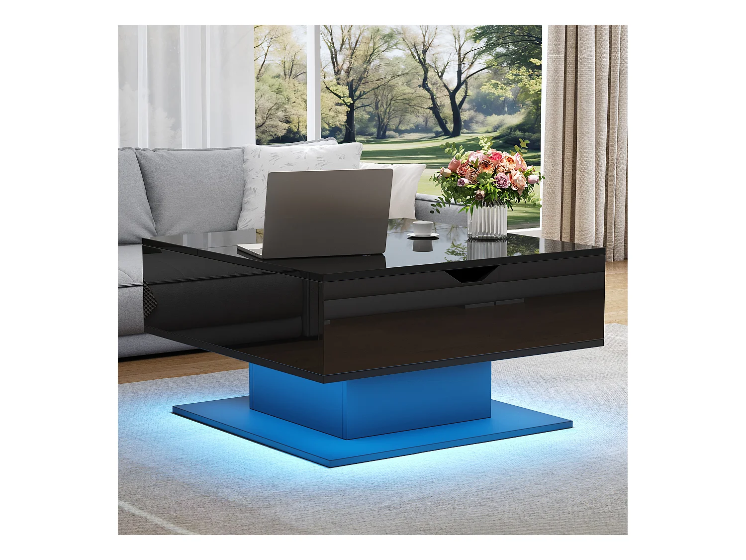 Table basse noir - Table basse avec plateau relevable et rangement semi-ouvert - rangement dissimulé