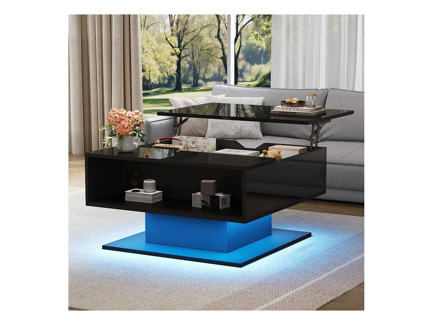 Table basse noir - Table basse avec plateau relevable et rangement semi-ouvert - rangement dissimulé