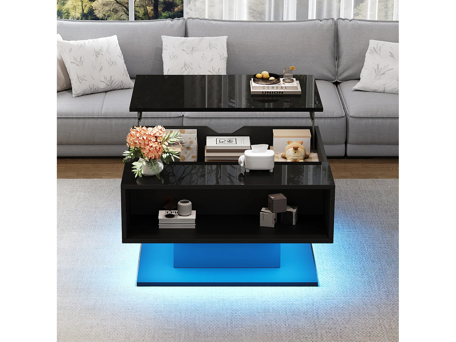Table basse noir - Table basse avec plateau relevable et rangement semi-ouvert - rangement dissimulé
