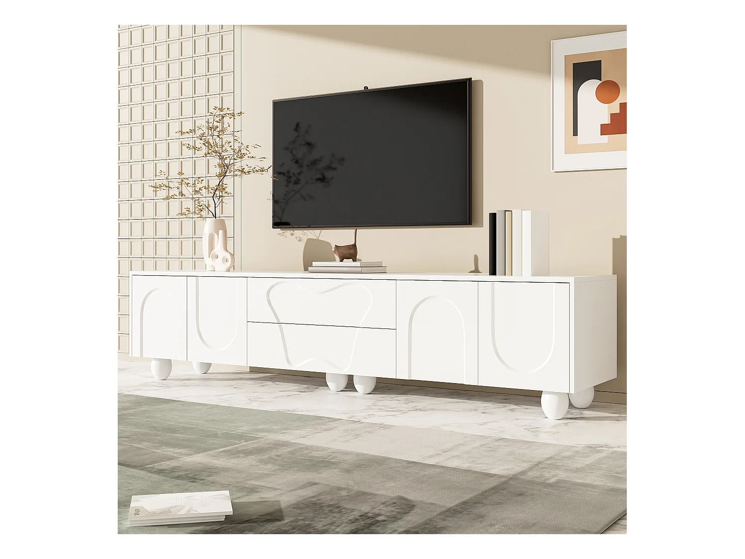 Meuble TV blanc - Meuble TV avec 2 tiroirs et 2 portes - pieds ronds en bois massif