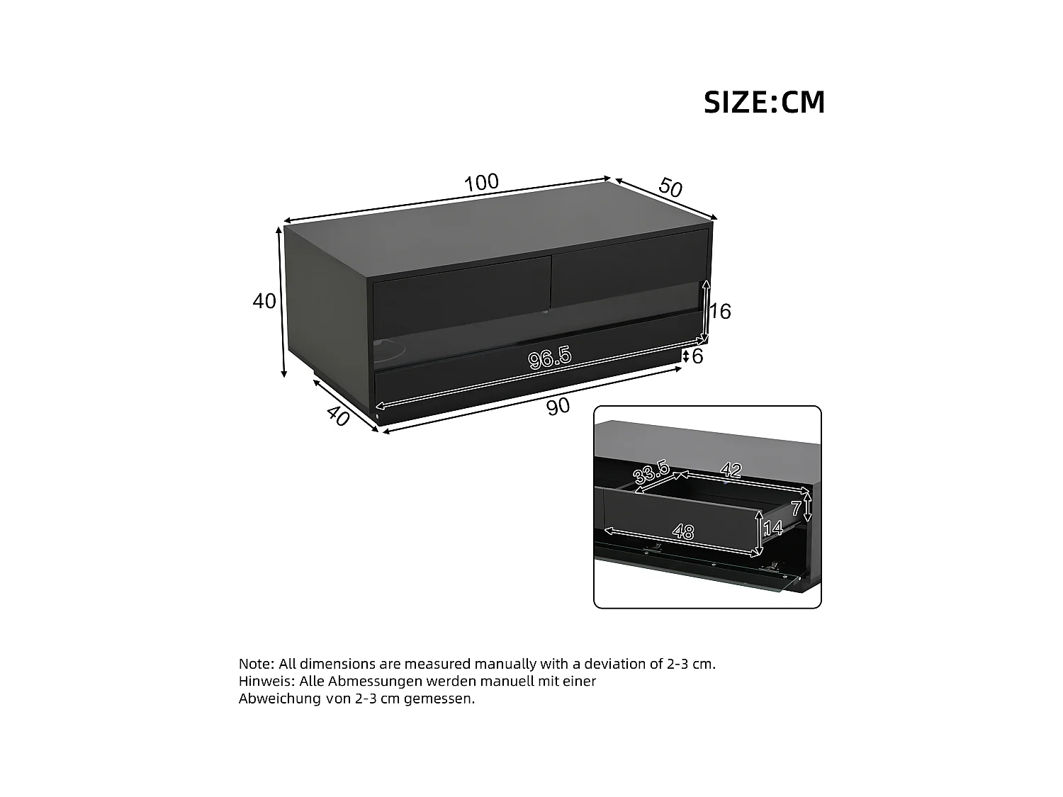 Schwarz glänzender Couchtisch - Couchtisch mit 2 Schubladen und LED-Beleuchtung - klapptür