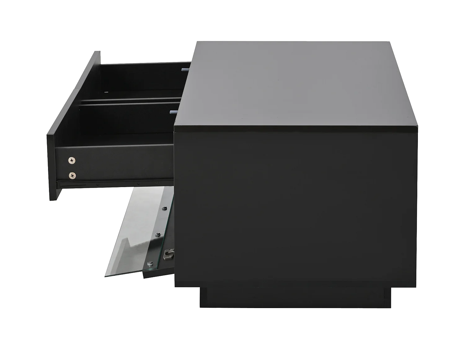 Schwarz glänzender Couchtisch - Couchtisch mit 2 Schubladen und LED-Beleuchtung - klapptür