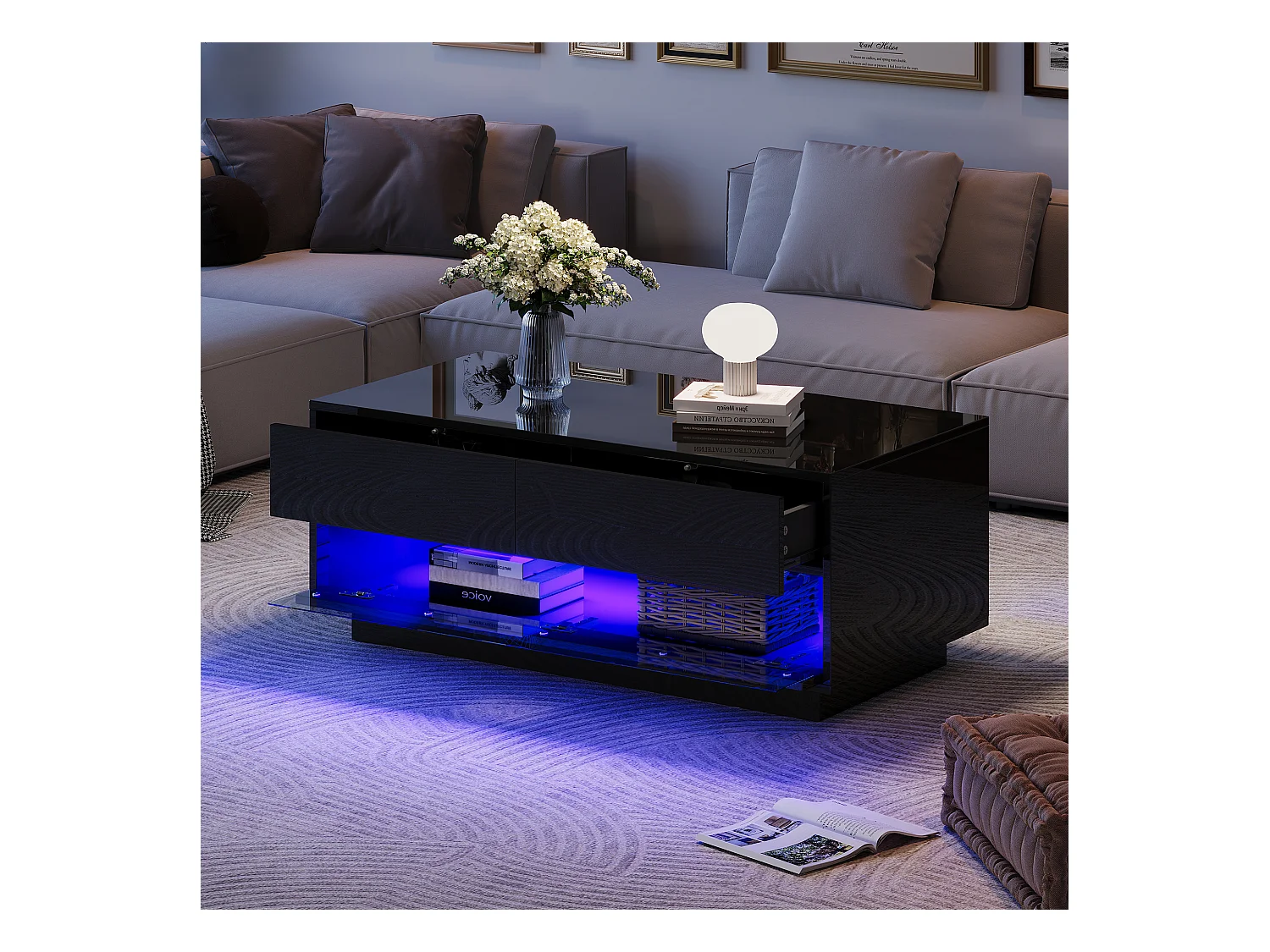 Glanzend zwarte salontafel - Salontafel met 2 lades en LED-verlichting - neerklapbaar deurpaneel